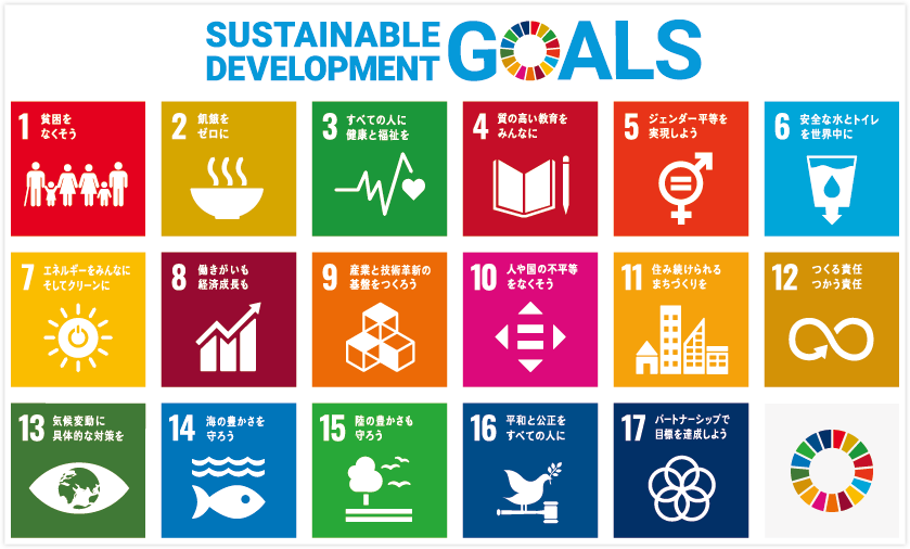 Sustainable Development Goals｜1．貧困をなくそう｜2．飢餓をゼロに｜3．すべての人に健康と福祉を｜4．質の高い教育をみんなに｜5．ジェンダー平等を実現しよう｜6．安全な水とトイレを世界中に｜7．エネルギーをみんなに そしてクリーンに｜8．働きがいも経済成長も｜9．産業と技術革新の基盤をつくろう｜10．人や国の不平等をなくそう｜11．住み続けられるまちづくりを｜12．つくる責任 つかう責任｜13．気候変動に具体的な対策を｜14．海の豊かさを守ろう｜15．陸の豊かさも守ろう｜16．平和と公正をすべての人に｜17．パートナーシップで目標を達成しよう